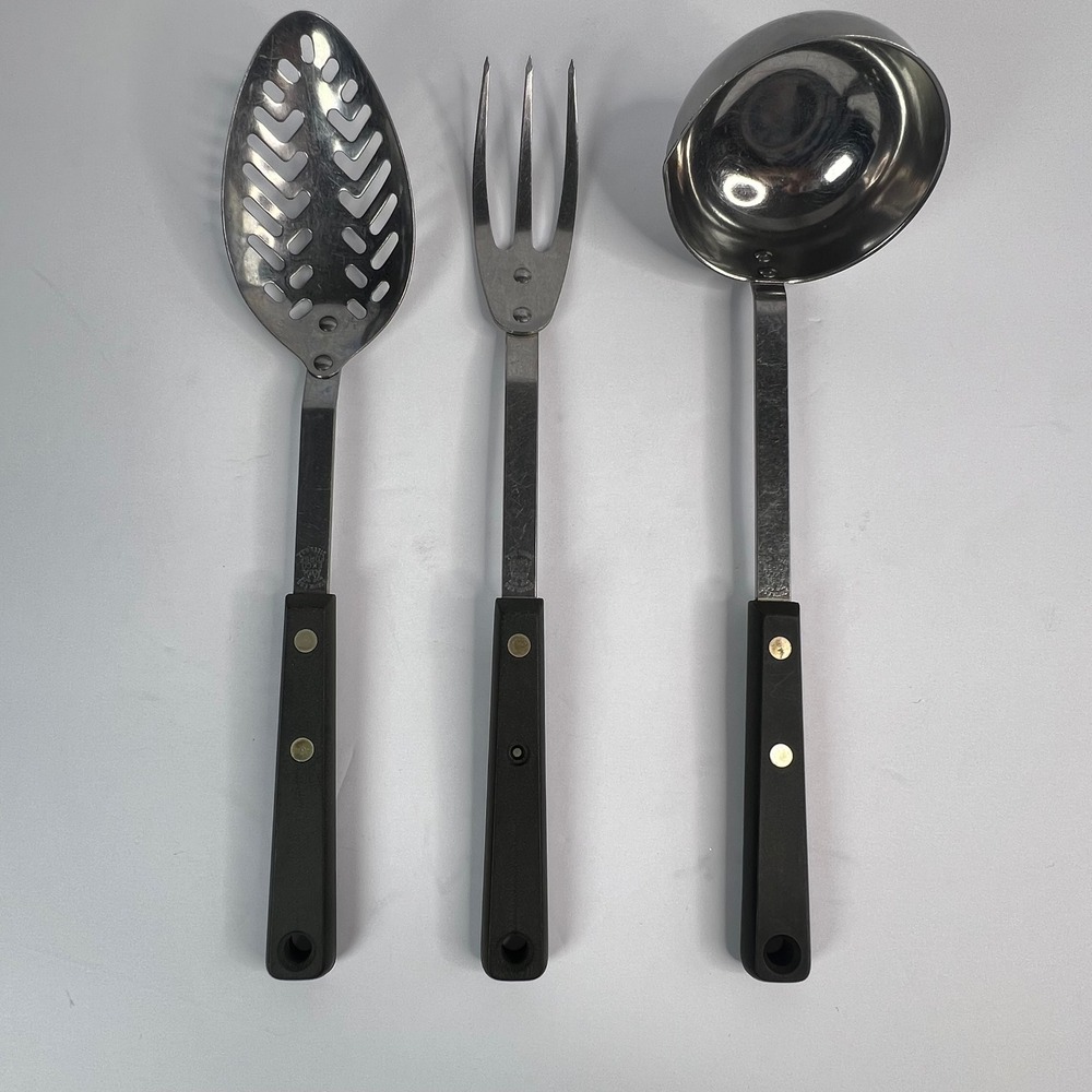 Vintage Ekco Forge 3Pc Utensil Set Black Riveted Handles‎ USA Ladle Fork Spoon